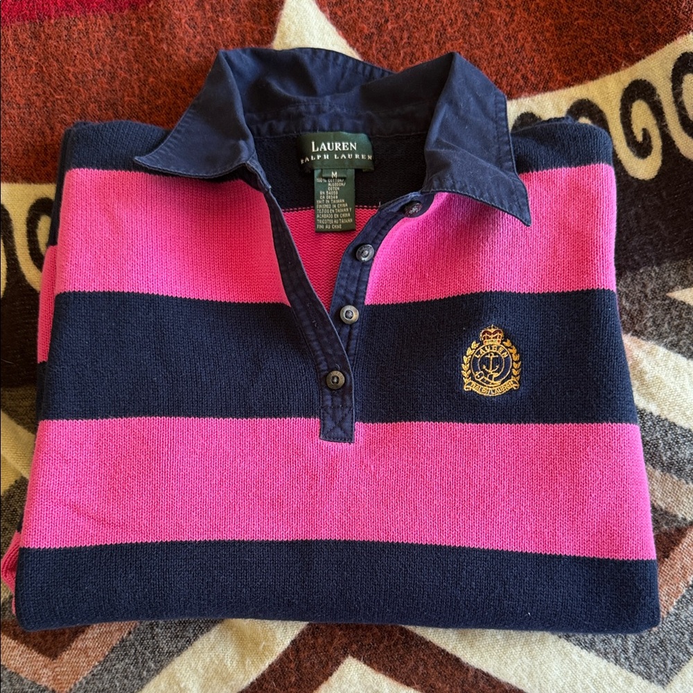 Vintage Lauren Ralph Lauren Pink and Navy Rugby Sweater